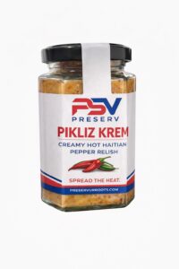 Preserv Pikliz Krem creamy Haitian pepper relish in glass jar made with Caribbean peppers and traditional Haitian seasonings