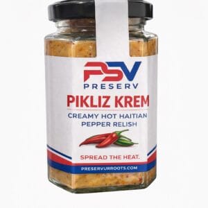 Preserv Pikliz Krem creamy Haitian pepper relish in glass jar made with Caribbean peppers and traditional Haitian seasonings