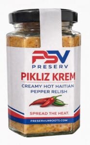 Preserv Pikliz Krem creamy Haitian pepper relish in glass jar made with Caribbean peppers and traditional Haitian seasonings