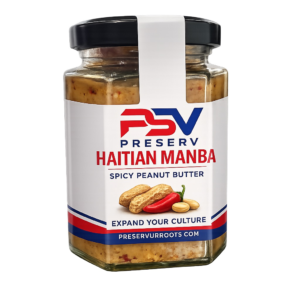 Preserv Haitian Manba spicy peanut butter in glass jar inspired by traditional Haitian recipes